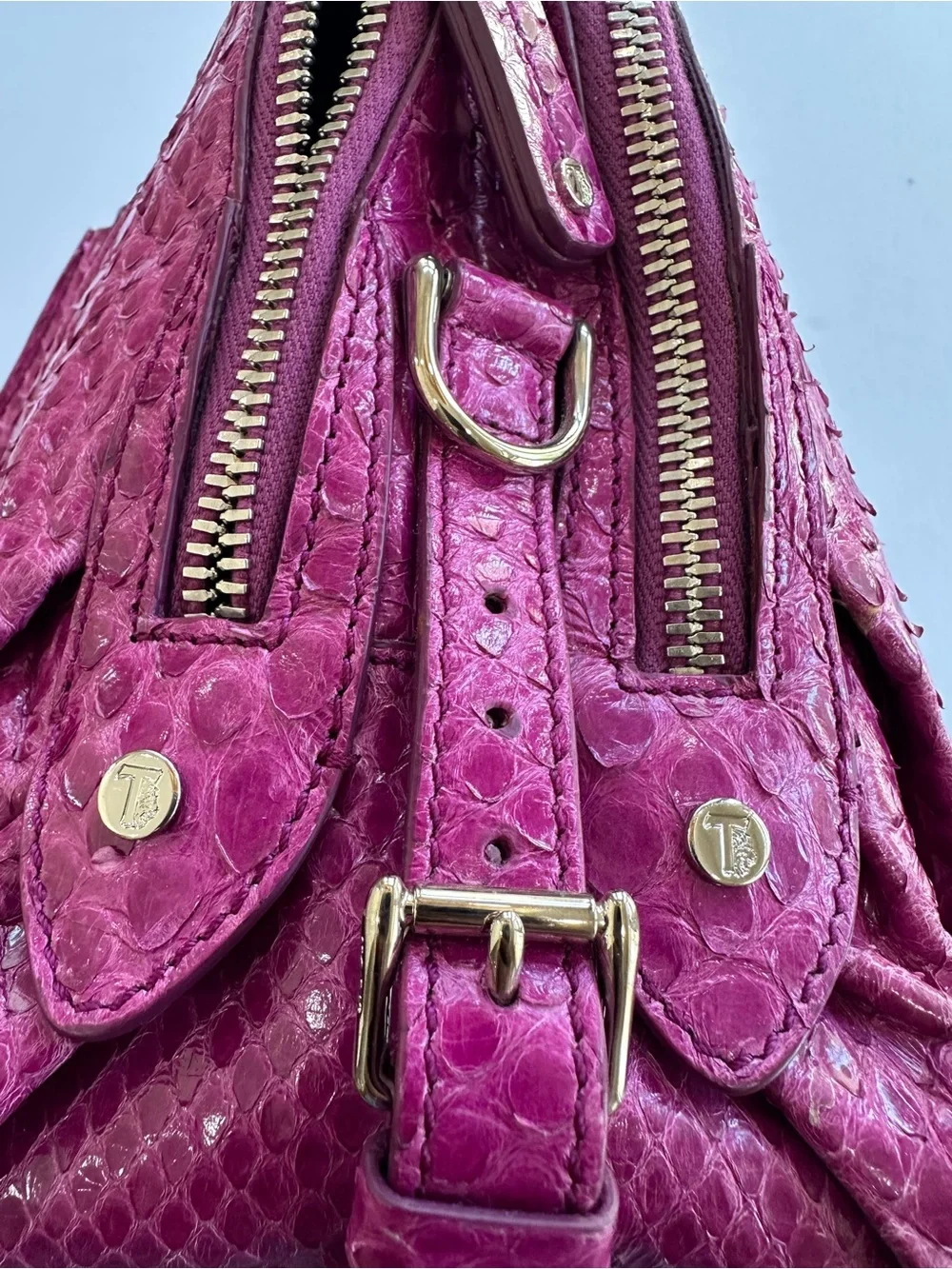 TOD'S Fuchsia Genuine Python  Satchel with Gold Hardware